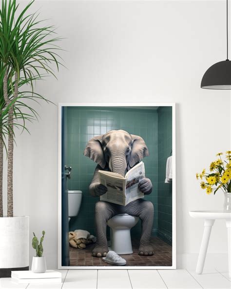 Elephant Sitting on the Toilet Reading Newspaper, Funny Bathroom Wall ...