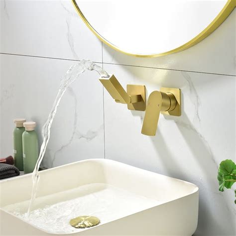 Brushed Gold Waterfall Bathroom Sink Faucet with Swirling Spout Wall ...