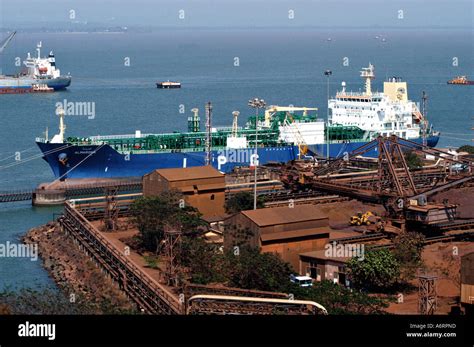 Bulk carrier ships berth at Mormugao Port Trust dock at Vasco in South ...