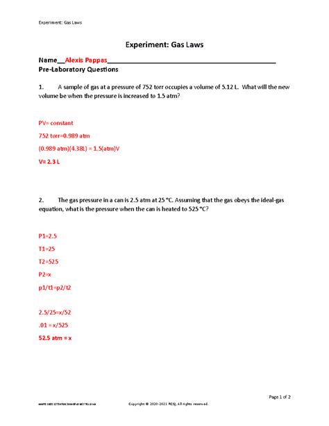 Gas Laws Pre-lab Assignment - Experiment: Gas Laws Experiment: Gas Laws ...