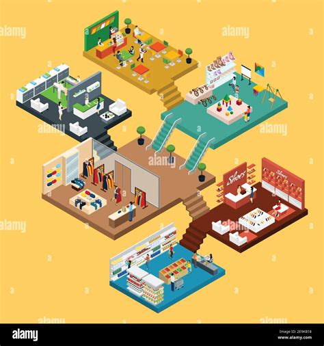 Mall Isometric icon set with conceptual 3d map of multistory shopping ...