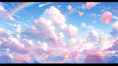 Soft Pastel Rainbow Sky With Clouds Bubbles And Stars In 3d Rendered ...