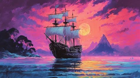 Premium AI Image | Sailing ship on the sea at sunset Digital painting ...