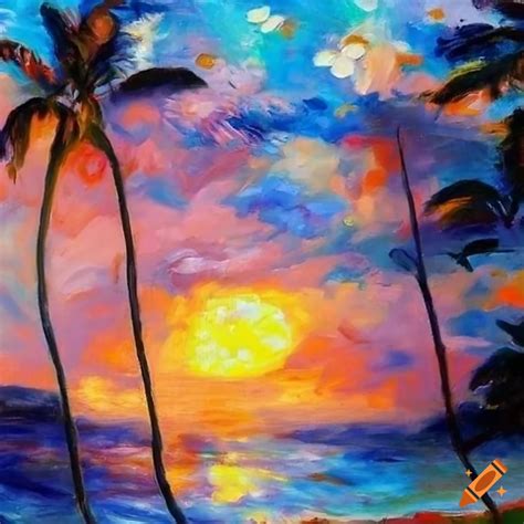 Sunset in hawaii beach in renoir style oil painting on Craiyon