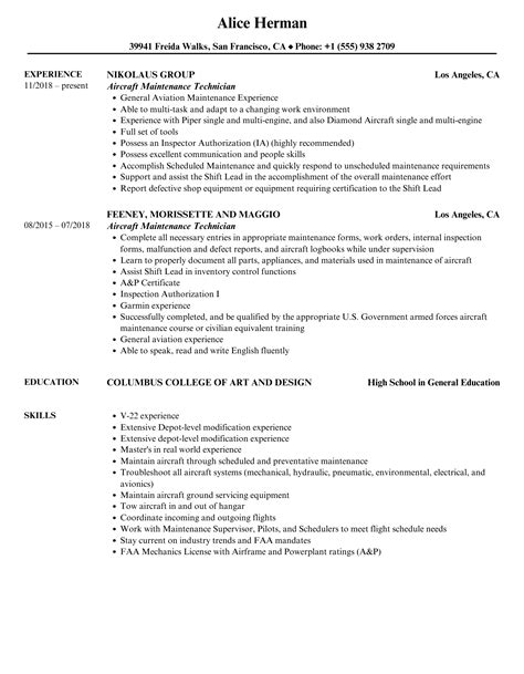 Aircraft Maintenance Technician Resume Samples | Velvet Jobs