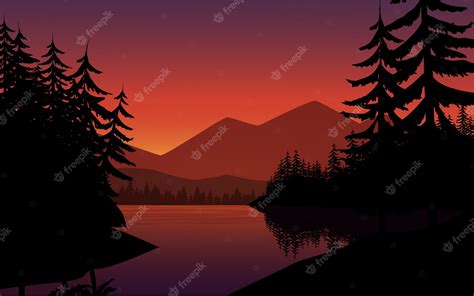 Premium Vector | River landscape with tree silhouette