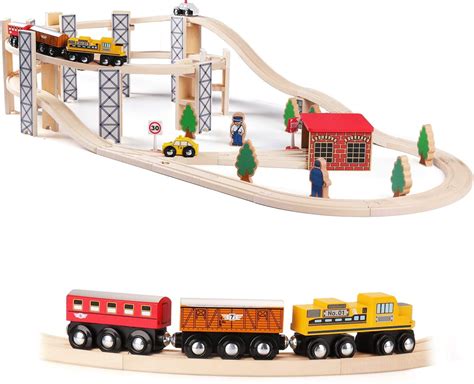 SainSmart Jr. Wooden Train Set Toy with Rail High Level Part, 50 PCS ...