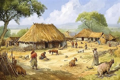 Premium Photo | Bustling Neolithic Village Scene Illustration