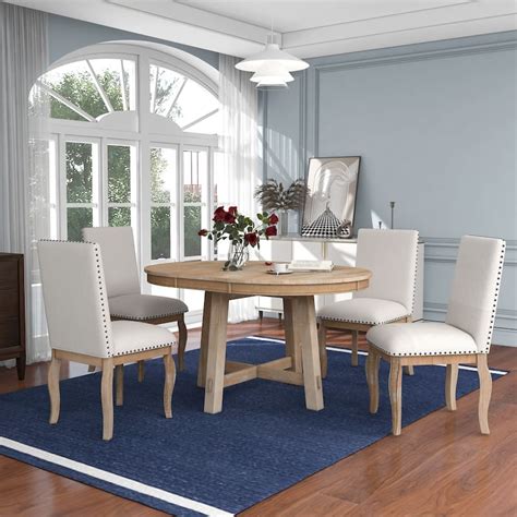 5-Piece Farmhouse Dining Table Set Wood Round Extendable Dining Table ...