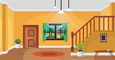 Room inside interior, Cartoon living room, House with furniture, stairs ...