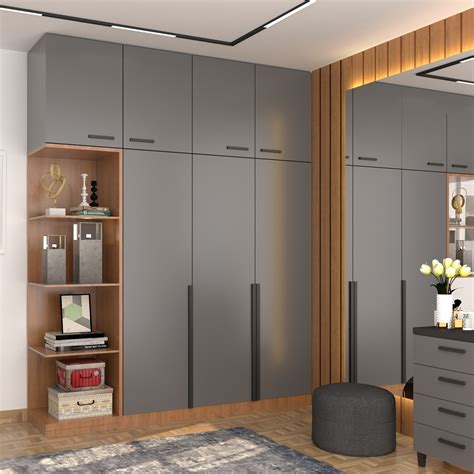 Grey Hinged Modern Wardrobe Design Idea with Loft and Mirror | Livspace