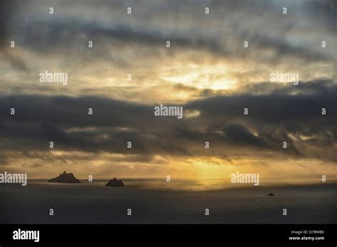 The skellig islands viewed from bolus head at sunset;Iveragh peninsula ...