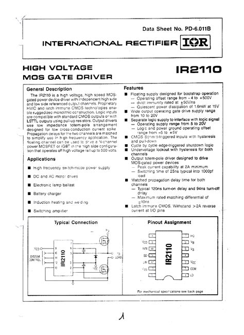 IR2110 datasheet(1/24 Pages) IRF | HIGH VOLTAGE MOS GATE DRIVER