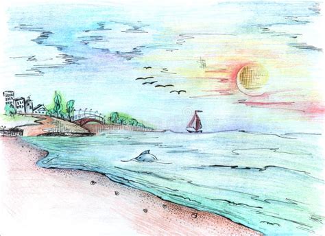 Pencil Drawn Seascape at Sunset Stock Illustration - Illustration of ...