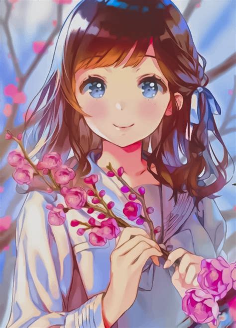 Cute Anime Girl Holding Sakura Flowers 19054678 Vector Art at Vecteezy