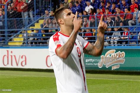 Aleksandar Mitrovic of Serbia celebrates after scoring a goal during ...