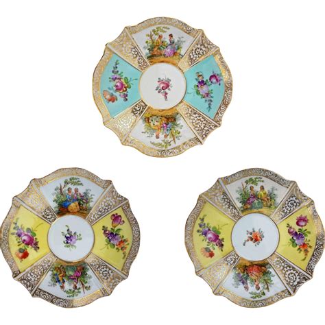 Set Three (3) Quatrefoil Dresden Style Small Porcelain Plates Pastoral ...