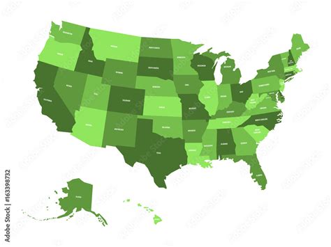 Map of United States of America, USA, in four shades of green with ...