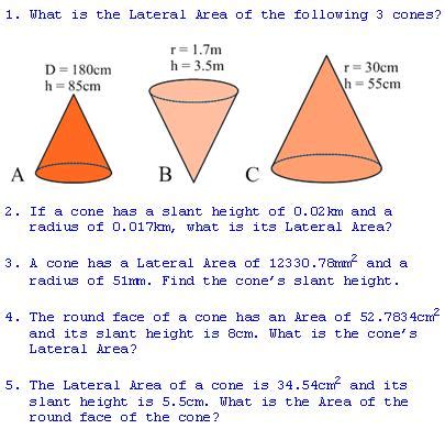 freemathtutoring - Lateral Area of a Cone Exercises part of the ...