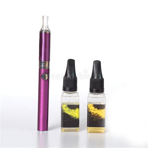 E Cigarette ,vaping Devices And Bottles With Vape Liquid On White Stock ...