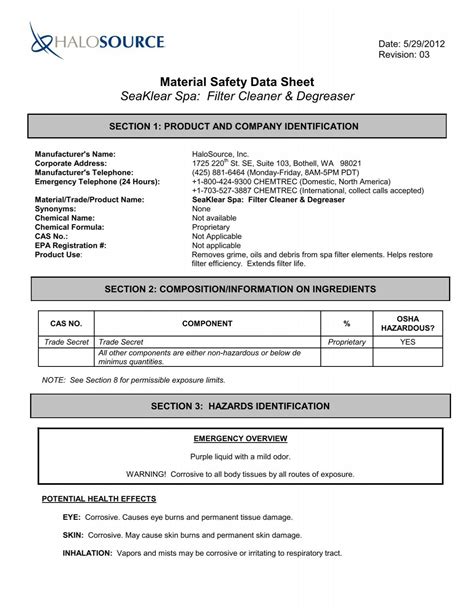 Material Safety Data Sheet SeaKlear Spa Filter Cleaner & Degreaser