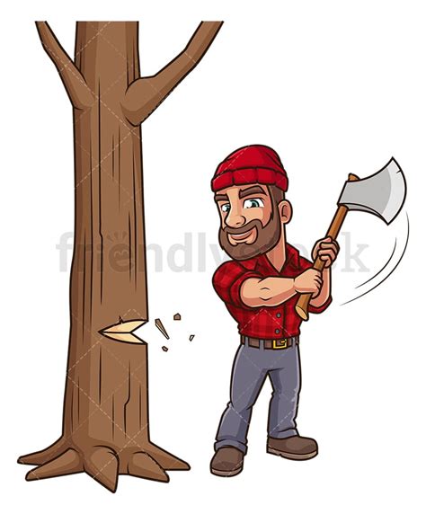 Lumberjack Cutting Down Tree Cartoon Clipart Vector - FriendlyStock