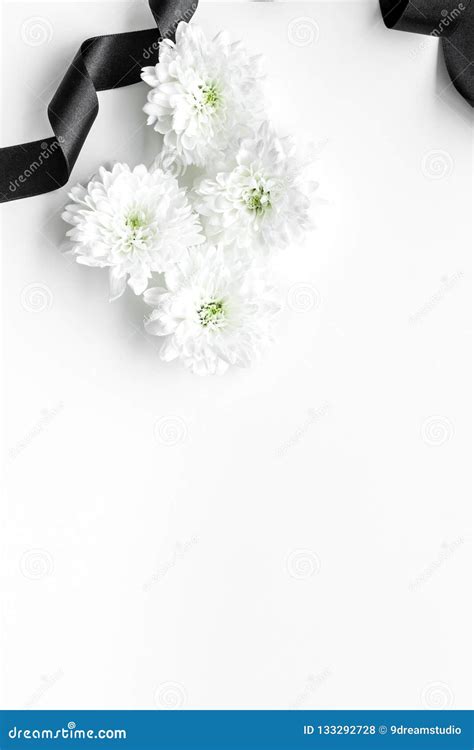 Funeral Symbols. White Flower Near Black Ribbon on White Background Top ...