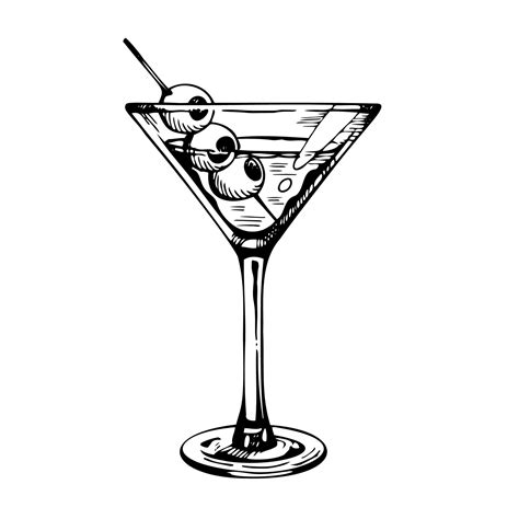 Martini glass with olives. Hand drawn alcohol cocktail, vector sketch ...