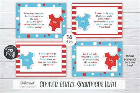 Gender Reveal Scavenger Hunt Clue Cards / Gender Reveal - Etsy | Gender ...