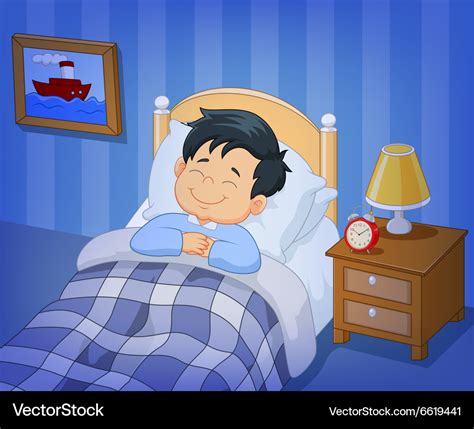 Cartoon smile little boy sleeping in the bed Vector Image