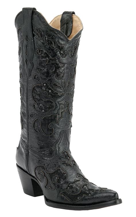 Corral Women's Black with Black Sequined Inlay Pointed Toe Western ...