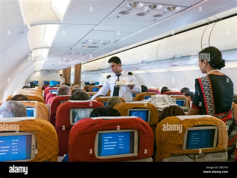 Steward and stewardess serving meals on Air India Airlines flight Stock ...