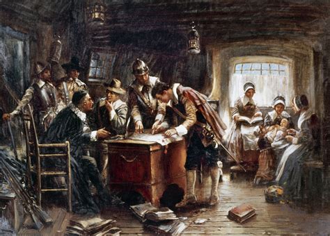 Mayflower: Compact, 1620. /Nthe Pilgrims Signing The Compact Aboard The ...