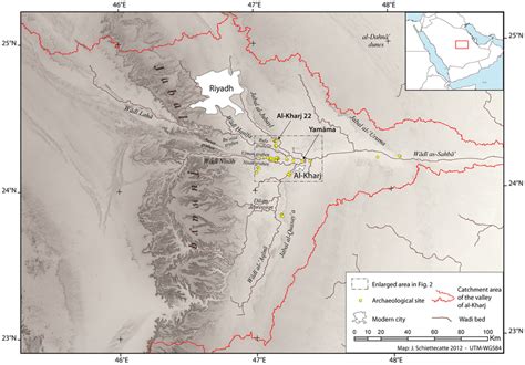 Topographic map of the Al-Kharj region in central Saudi Arabia. Spots ...