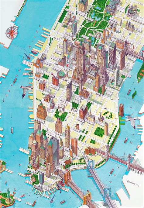 Large detailed panoramic drawing map of lower Manhattan NY city (New ...