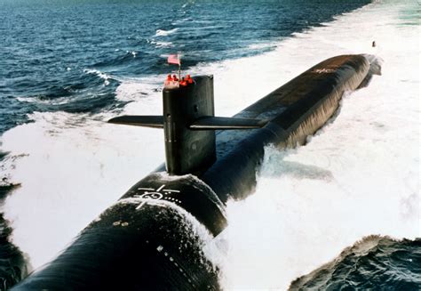 An aerial port bow view of the Ohio Class nuclear-propelled strategic ...