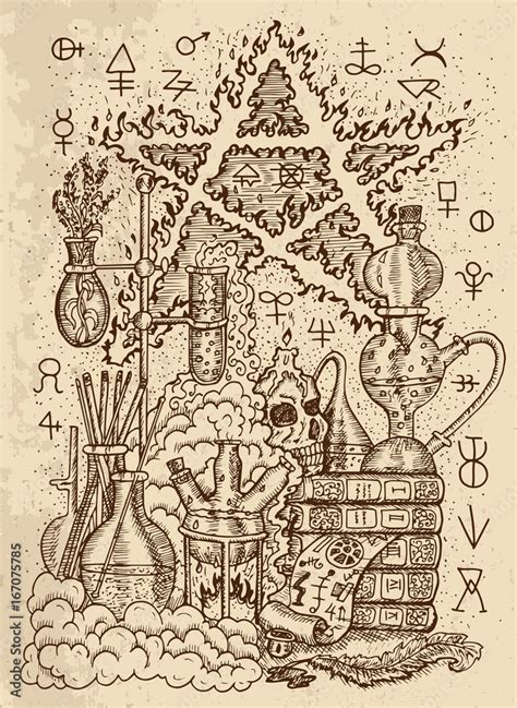 Mystic drawing with alchemical symbols, skull, fire pentagram and ...