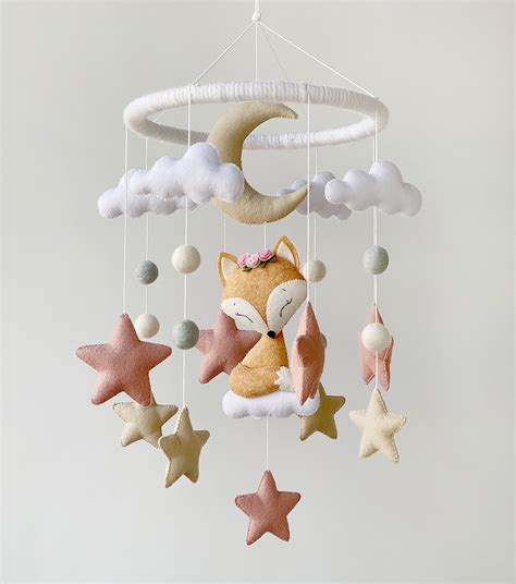 Pink baby crib mobile with pom, cloud, moon and stars, hanging cot ...