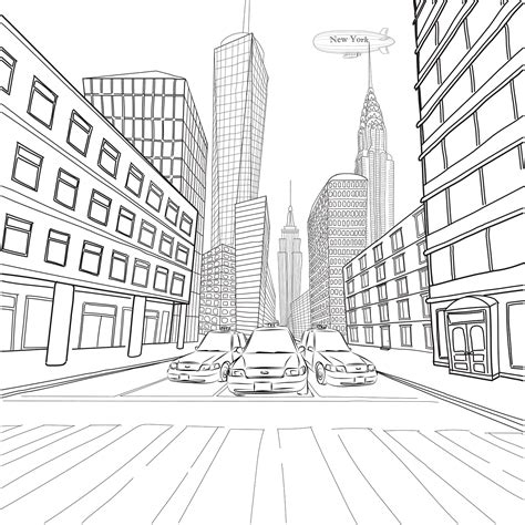 Two Point Perspective City Drawing Sketch Coloring Page