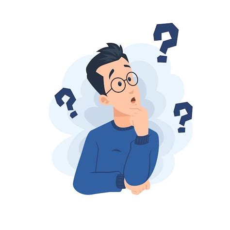 a man with glasses is looking at question marks