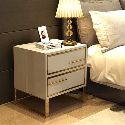 Modern White Nightstand Lacquered 2-Drawer Bedside Table Gold Finish