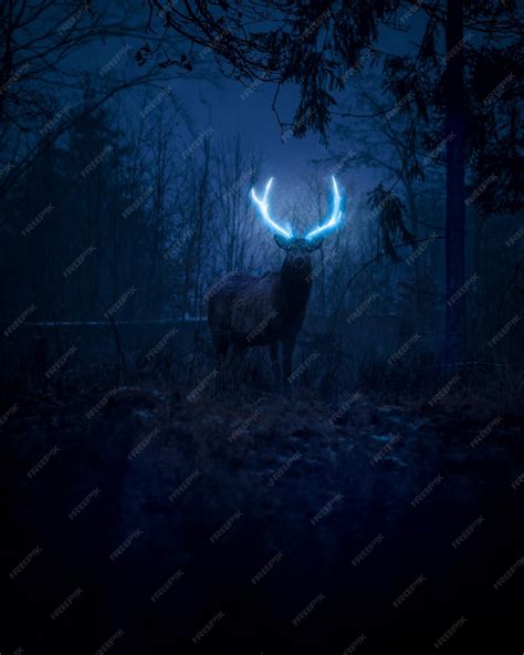 Premium Photo | Deer in the forest with glowing antlers