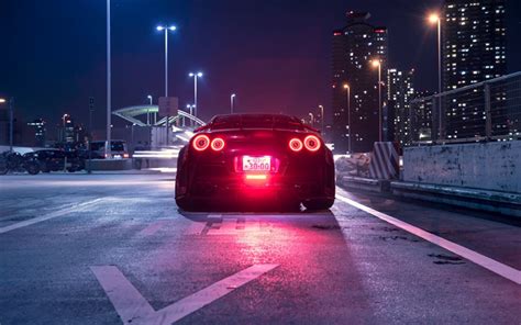 Download wallpapers Nissan GT-R, R35, rear view, night, Japan, Tokyo ...