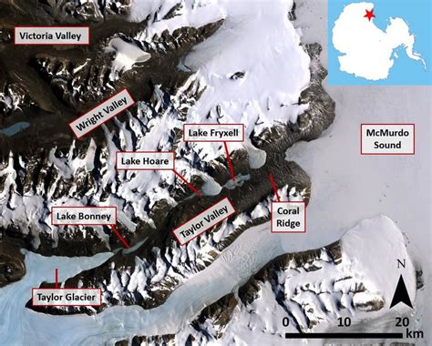 Overview map of the McMurdo Dry Valleys. Lake Fryxell is located in the ...