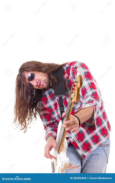 Male Musician with Face Expression Playing Electric Bass Guitar Stock ...