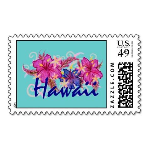 a postage stamp with the word hawaii written in blue and pink flowers ...