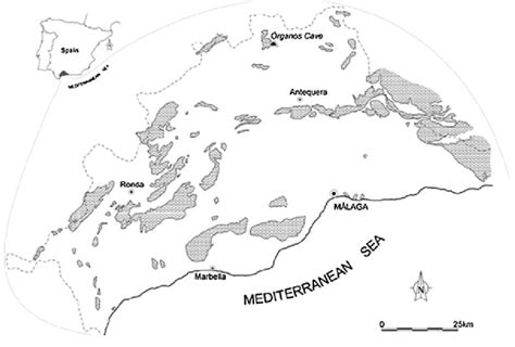 Location map, showing the situation of the Órganos Cave, southern Spain ...