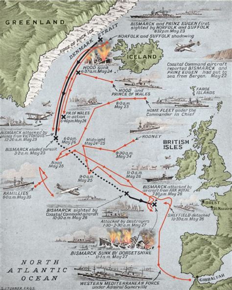 Sinking the Bismarck – Map of the last voyage of the Bismarck ...