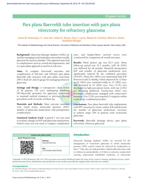 (PDF) Pars plana Baerveldt tube insertion with pars plana vitrectomy ...