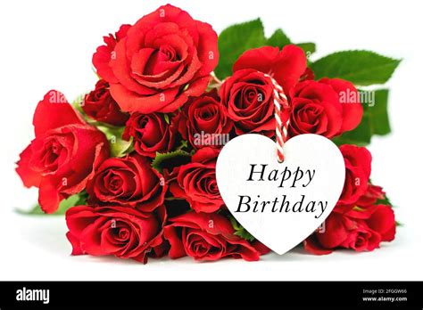 Beautiful red roses and white heart. Happy birthday greeting card with ...